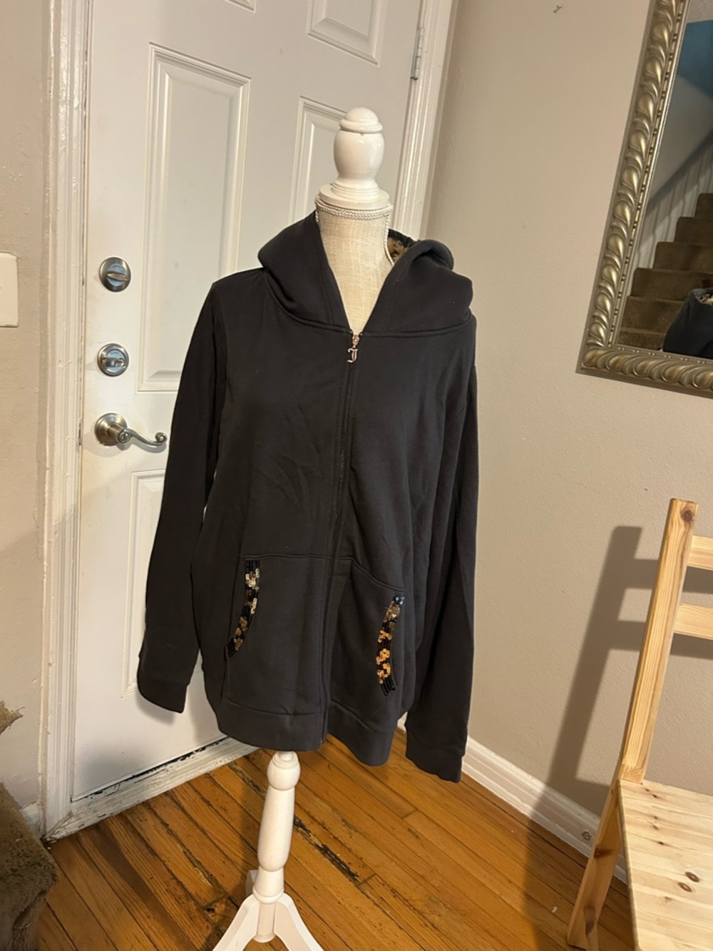 Juicy Couture Black Hoodie with Pink Logo Tag and Faux Fur Trim